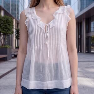 Theory White Bohemian Style Babydoll Top Pin-tuck Pleating Sleeveless Ruffled